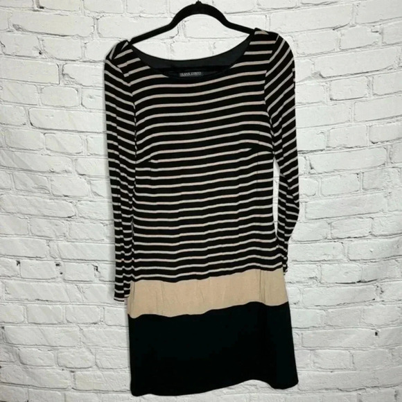 Frank Lyman Women’s Black/Tan Striped Midi Long Sleeve Dress size 12 - Picture 1 of 7